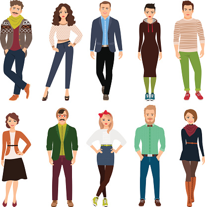 Handsome cute cartoon young fashion people isolated on white background. Casual wear men and women vector illustration