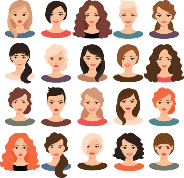 schöne junge mädchen porträt satz - lockige pferdeschwanz frisuren stock-grafiken, -clipart, -cartoons und -symbole