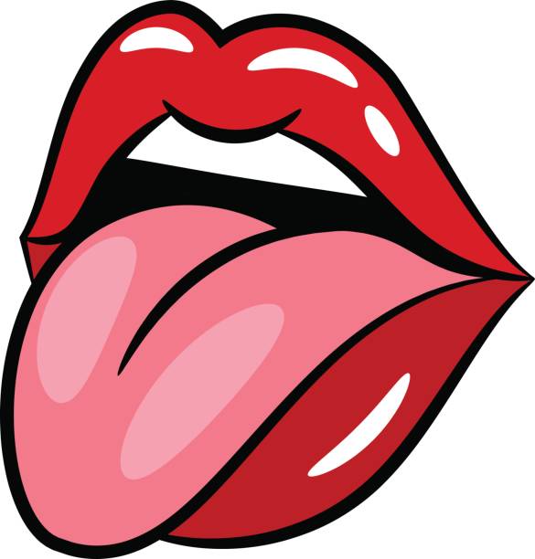 glänzend rote frau lippen mit der zunge - zunge stock-grafiken, -clipart, -cartoons und -symbole