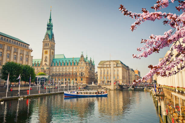 View on Hamburg townhall at spring Hamburg townhall and Alster river at spring binnenalster lake stock pictures, royalty-free photos & images