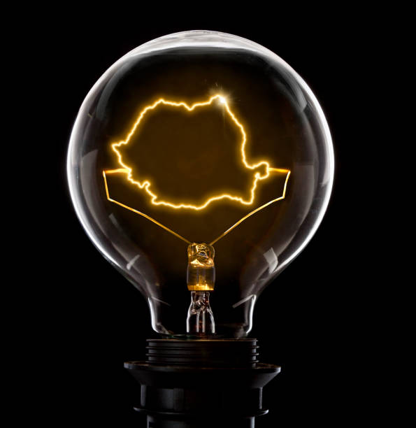 istock Lightbulb with a glowing wire in the shape of Romania (series) 650696890