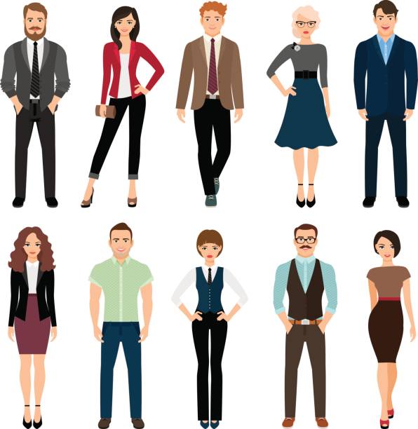 Casual office people icons set Casual office people vector illustration. Fashion business men and business women persons group standing isolated on white background well dressed stock illustrations