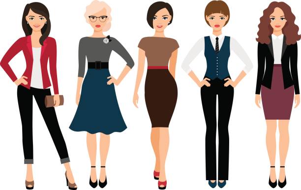 süße junge frauen in unterschiedlicher kleidung - businesswoman skirt isolated standing stock-grafiken, -clipart, -cartoons und -symbole