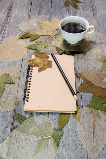 istock coffee and notebook on wooden table surrounded by dry leaves 650699384