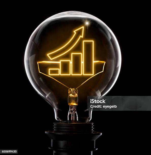 Lightbulb With A Glowing Wire In The Shape Of A Growing Bar Chart Stock Photo - Download Image Now