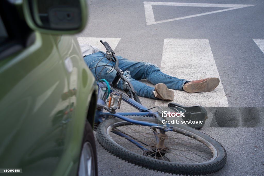 Bicycle accident Bicycle accident , man hit by a car Crash Stock Photo