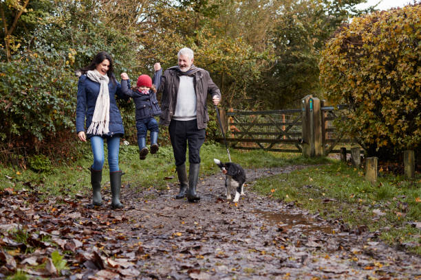 multi generation family take dog for walk in fall landscape - senior adult winter senior women daughter imagens e fotografias de stock