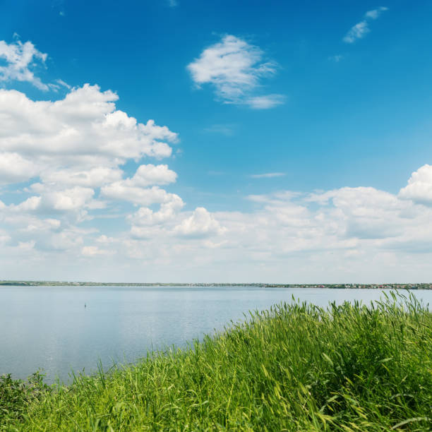 istock sky with white clouds over river and green grass 650702880
