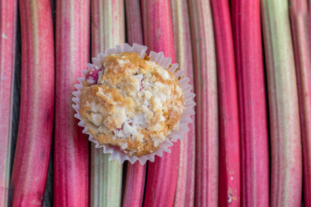 Top View on Rhubarb muffin in paper cups on a rhubarb perioles stock photo