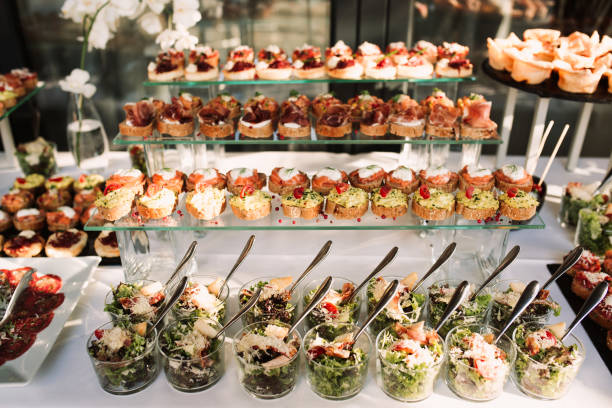 Wedding banquet Outdoor wedding food decoration canape restaurant food canapes appetizers stock pictures, royalty-free photos & images
