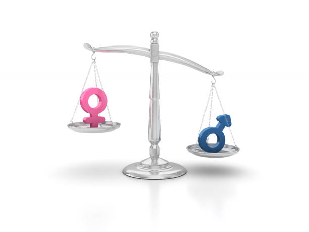 гендерные иконы на весах правосудия - 3d рендеринг - gender symbol scales of justice weight scale imbalance стоковые фото и изображения