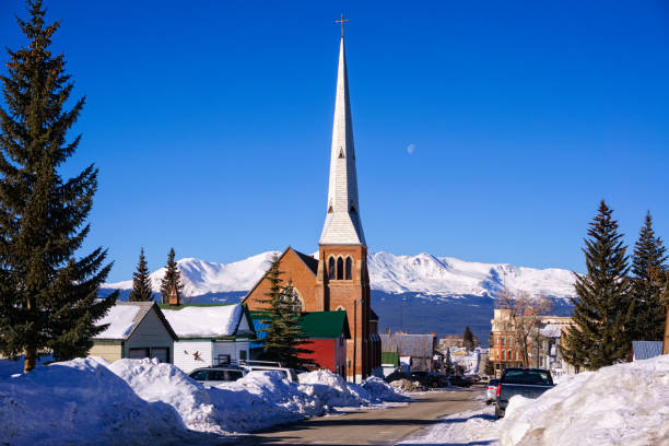 Downtown Historic Leadville Colorado Downtown Historic Leadville Colorado - View in winter with moon and Mt. Massive in background. leadville stock pictures, royalty-free photos & images