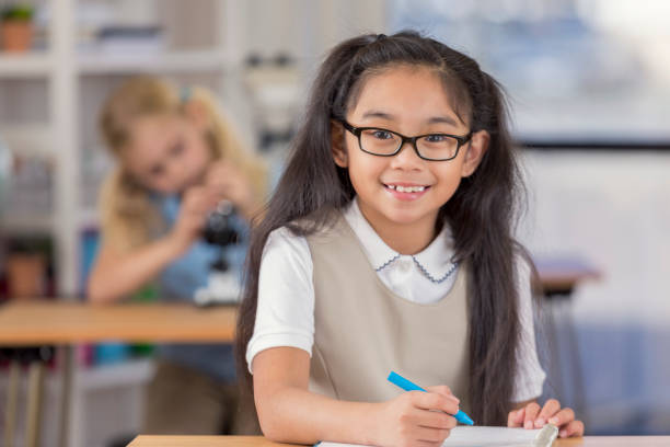 istock Cheerful Asian schoolgirl in classroom 650854666