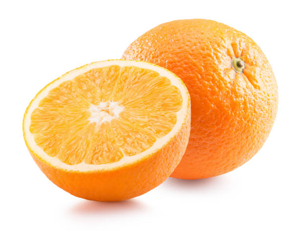 istock orange with half of orange isolated on the white background 650908234