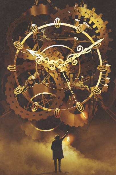 Man With A Lantern Standing In Front Of The Big Golden Clockwork Stock  Illustration - Download Image Now - iStock