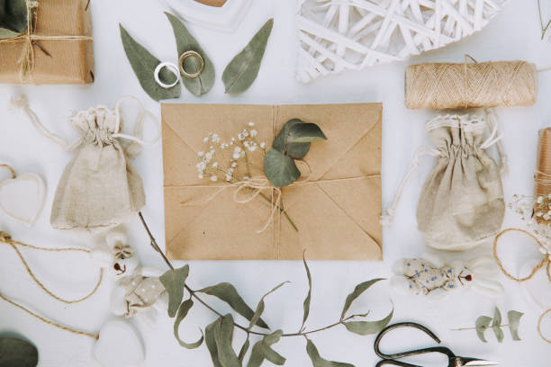 istock Wedding background. Mock-up with envelope. Woman desktop. 650984378