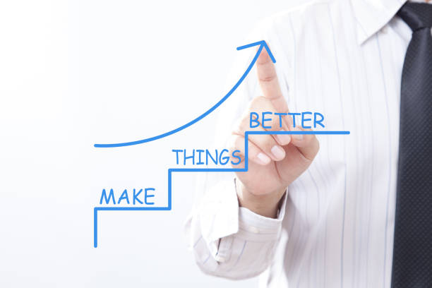 istock Businessman tap arrow pointing up with Make things better - Improvement Concept. 650995714