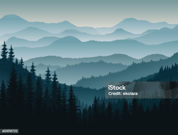 Vector Morning In Mountains Stock Illustration - Download Image Now - Forest, Mountain, Backgrounds