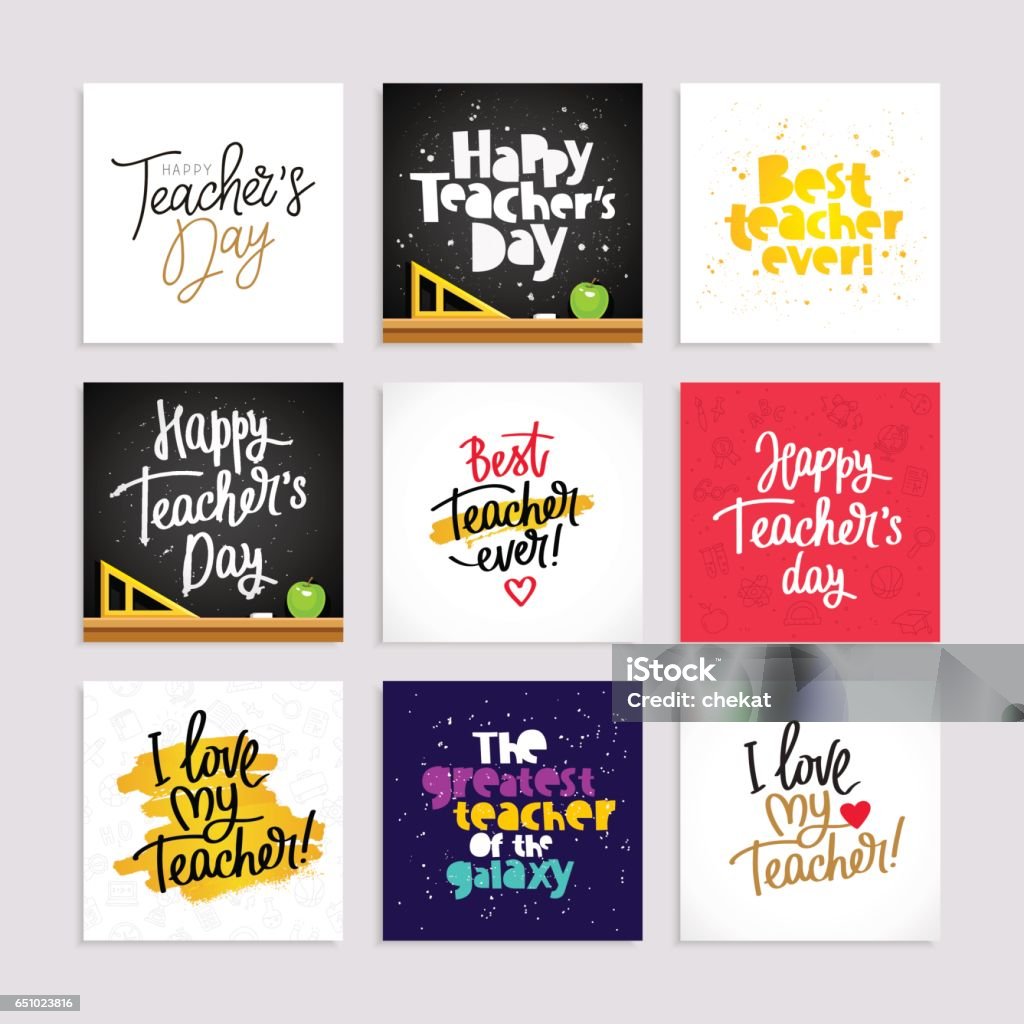 Set of postcards for the Teacher's Day Set of postcards for the Teacher's Day. Calligraphy and lettering. Vector illustration. Great holiday gift card Teacher stock vector