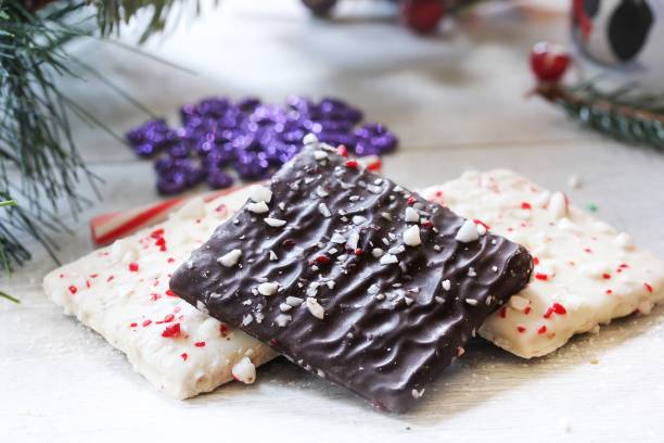 istock White and dark Chocolate covered holiday barks,selective focus 651090250