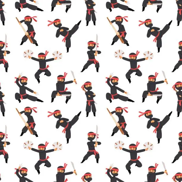 Vector illustration of Different poses of ninja fighter in black cloth character warrior sword martial weapon japanese man and karate cartoon person seamless pattern vector