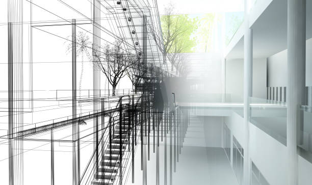 sketch design of interior hall, 3d rendering sketch design of interior hall, 3d rendering Designing for Wellbeing: How Architecture Affects Mental and Physical Health stock pictures, royalty-free photos & images