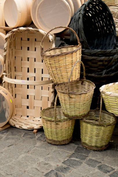 istock Empty wicker baskets for sale in a market place 651143256