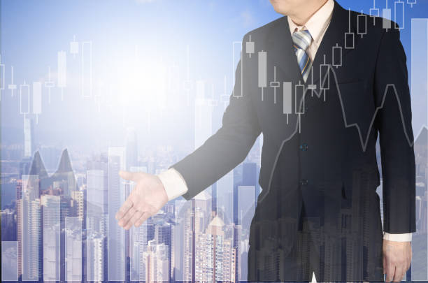 istock Double exposure of businessman shaking hand with growth graph chart 651143388