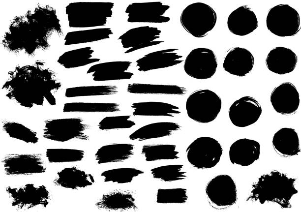 Black watercolor paint marker vector strokes blobs Paint blobs and daubs, black watercolor blots and blotches, marker or felt tip pen strokes. Vector grunge texture scribbles, abstract dash lines or brushstrokes dabs, ink smear smudges and stains traces set with grunge texture smudged condition stock illustrations