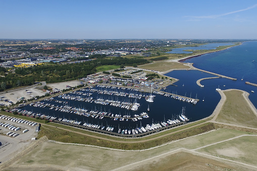 Aerial view of Koege marina located in Zealand, Denmark