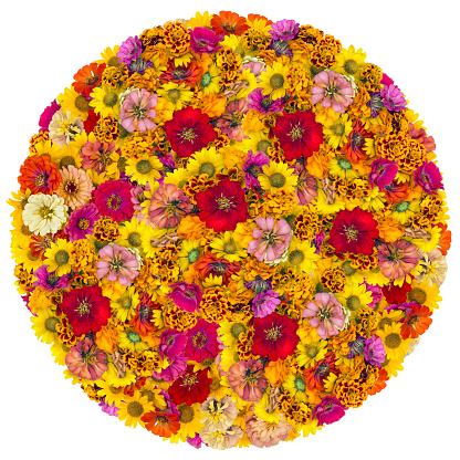 Big ball from yellow and red summer flowers isolated collage