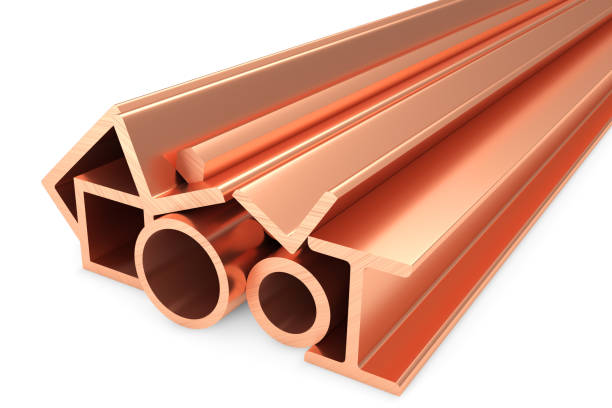 istock Shiny rolled copper metal products on white 651169632