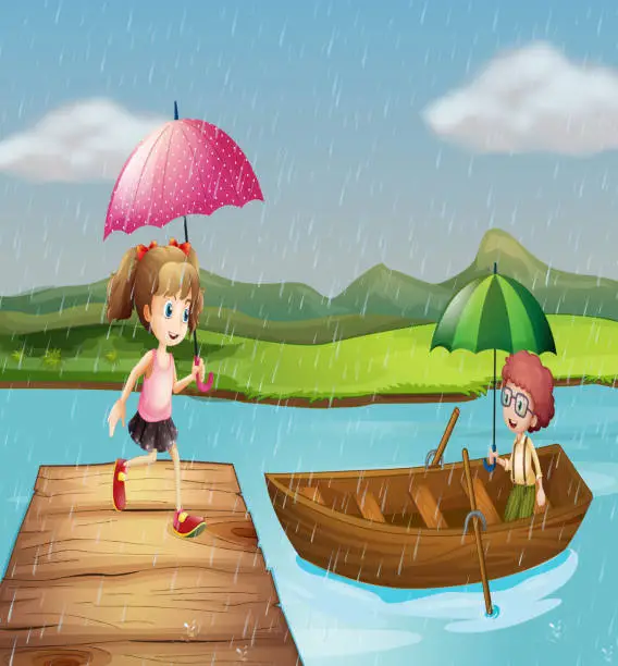 Vector illustration of Girl and boy in the rain at the park