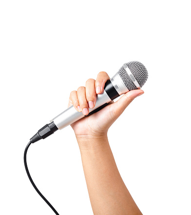 Female hand hold microphone isolated on white background, Saved clipping path.