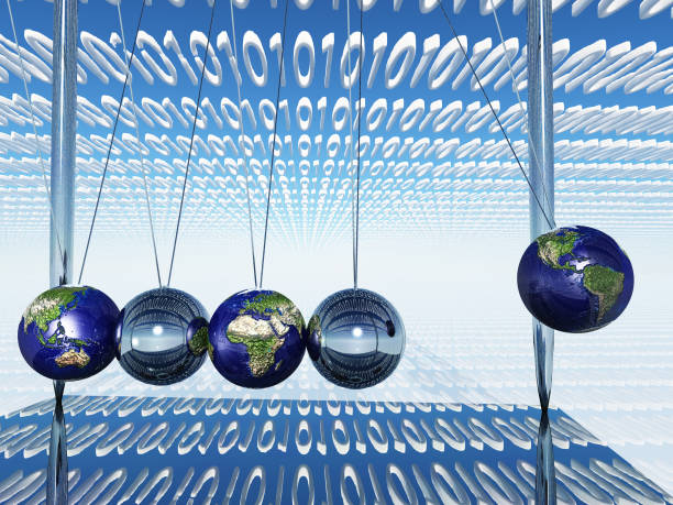 world newtons wiege mit binärcode - sphere balance pendulum westernization stock-fotos und bilder
