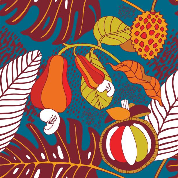Tropical leaves and fruits, exotic print. Beautiful vector floral background. Tropical leaves and fruits, exotic print. gallus gallus stock illustrations