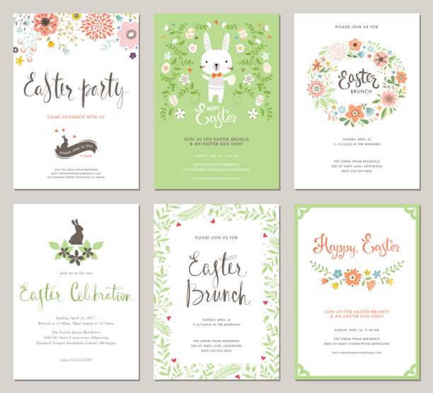 Easter Party Invitations_03 Easter Party Invitations and Greeting Cards with eggs, flowers, floral wreath, rabbit and typographic design on the textured background. Vector templates set. lunch borders stock illustrations