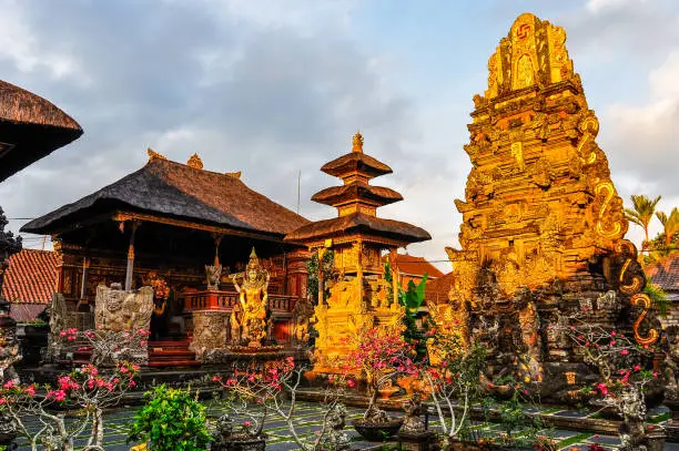 Sunset colors in Saraswati Temple in the town of Ubud, Bali