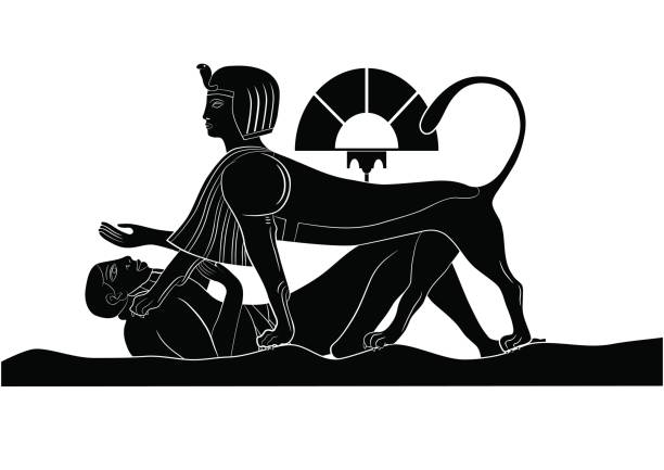 Sphinx and failed puzzler Sphinx and failure guesser - illustrations of the mythical creatures of ancient Egypt egyptian demons stock illustrations