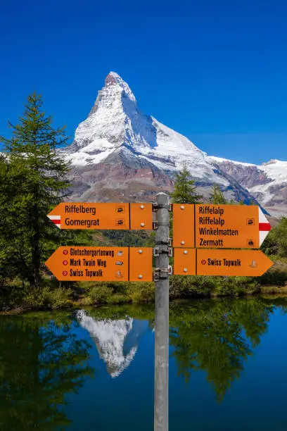 Signpost with famous Matterhorn in Switzerland