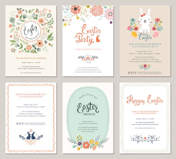 Easter Party Invitations_01 Cute Happy Easter templates with eggs, flowers, floral wreath, rabbit and typographic design. Good for spring and Easter greeting cards and invitations. Vector illustration. lunch borders stock illustrations