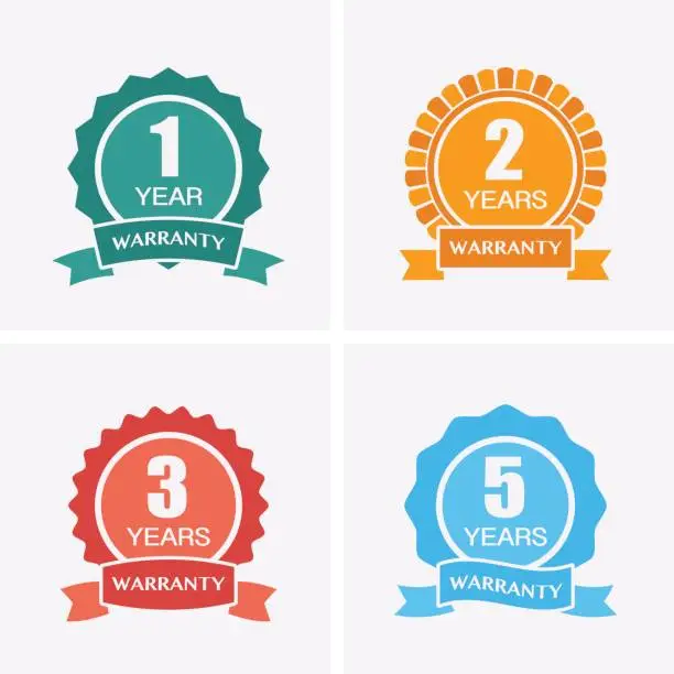 Vector illustration of 1, 2, 3 and 5 years Warranty Icons isolated on Certified Medal.