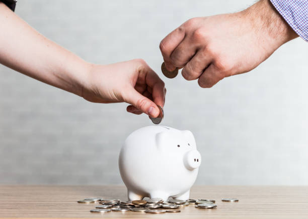 istock Inserting a coin into a piggy bank 651233656