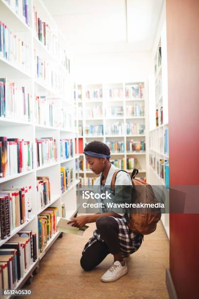 Schoolgirl Selecting Book From Book Shelf In Library Stock Photo - Download Image Now