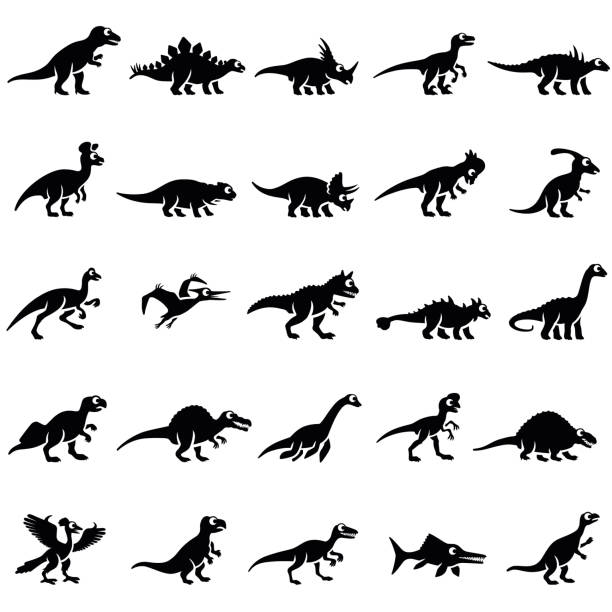 набор икон динозавров - illustration and painting geologic time scale old fashioned wildlife stock illustrations