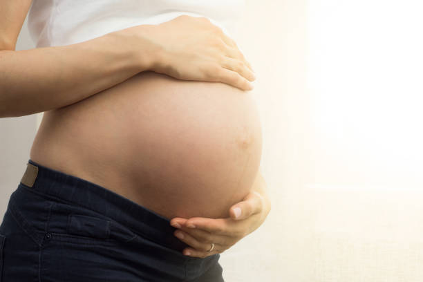 istock Pregnant woman touching her belly with hands. 651245028