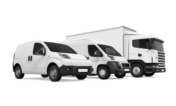Fleet of Delivery Vehicles Fleet of Delivery Vehicles isolated on white background. 3D render truck trucking car van stock illustrations