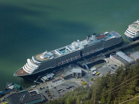 September 7, 2011- Juneau, AK, USA: Aerial view of cruise ships docked at the port of Juneau in Alaska, USA