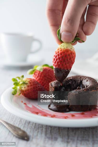 Chocolate Souffle With Strawberries Stock Photo - Download Image Now - After Party, Backgrounds, Bakery