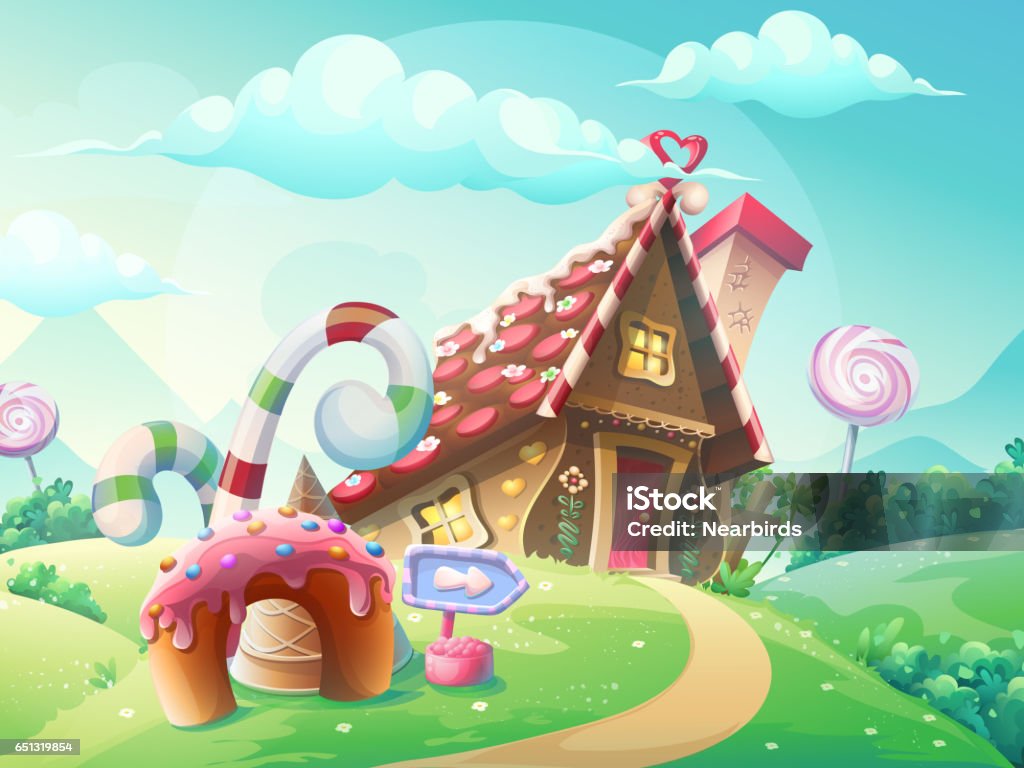 Sweet house of cookies and candy Illustration of sweet house of cookies and candy on a background of meadows and growing caramels House stock illustration
